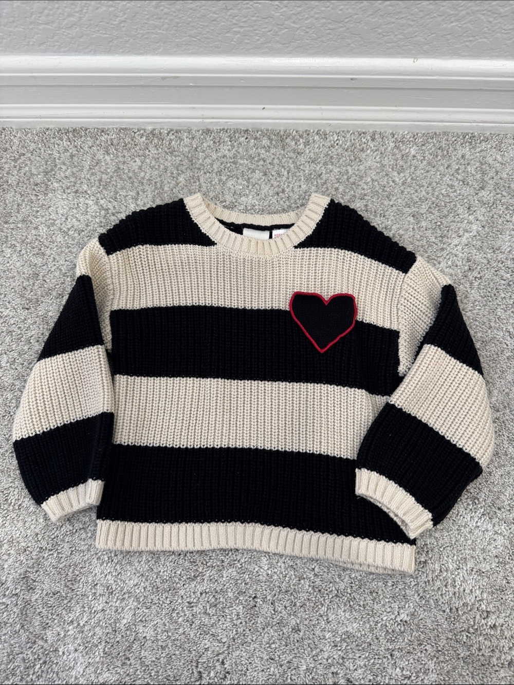 Zara Black and Cream Striped Sweater with Heart Patch - Kids